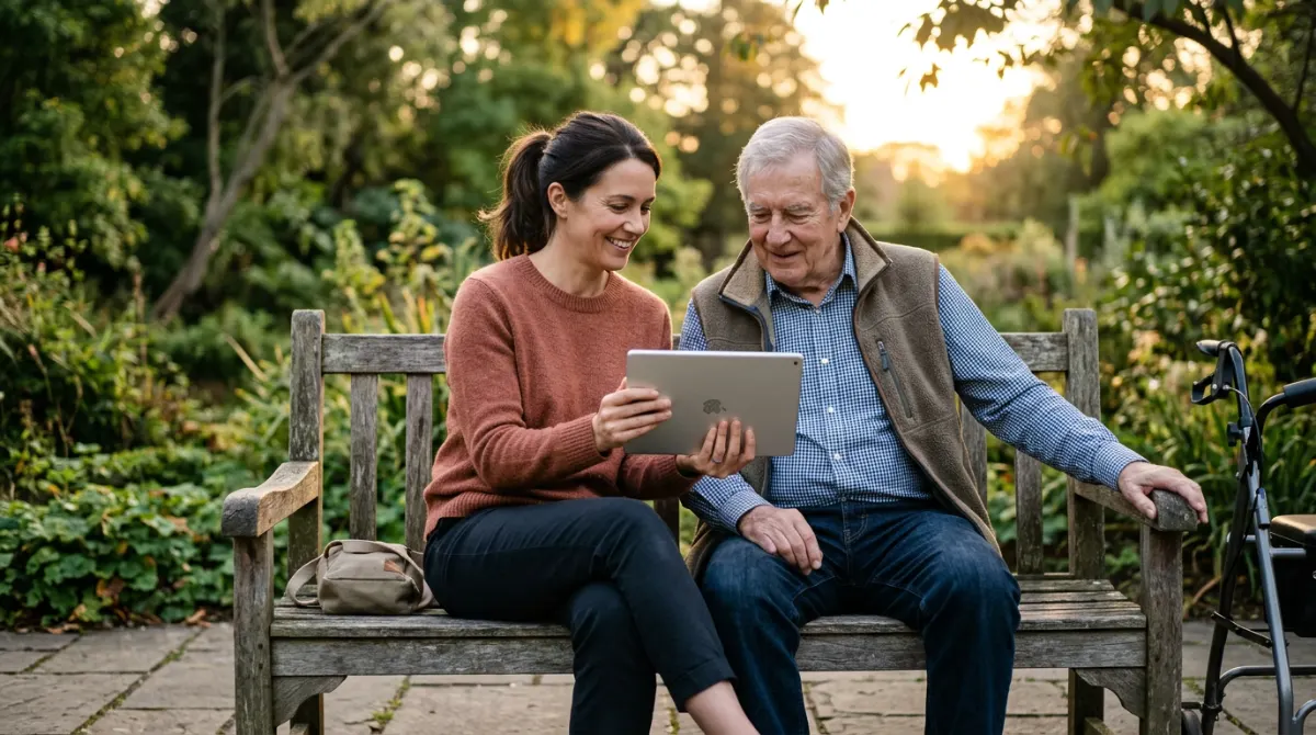 Fille et père âgé souriants regardant une tablette sur un banc. Habilitation familiale : comment protéger un parent âgé sans passer par la tutelle.