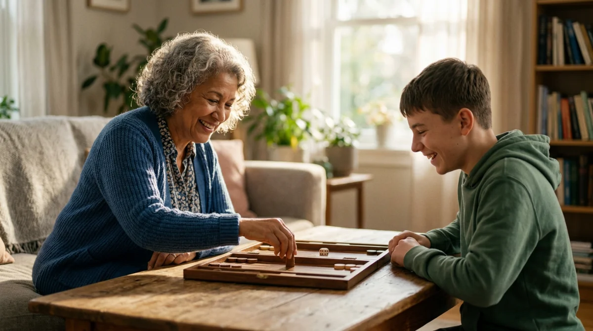 Une grand-mère et son petit-fils partageant un moment de complicité autour d'un jeu – Jeux de mémoire pour seniors : 7 activités gratuites à partager en famille