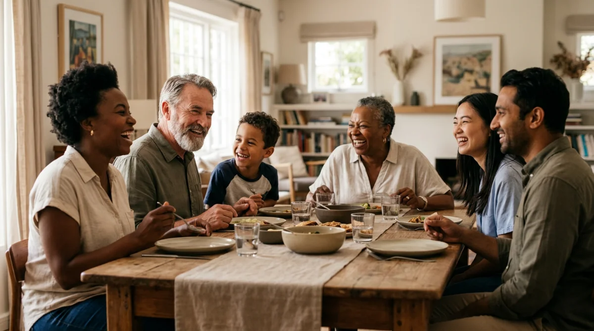 Une famille réunie riant autour d'une table – Jeux de mémoire pour seniors : 7 activités gratuites à partager en famille