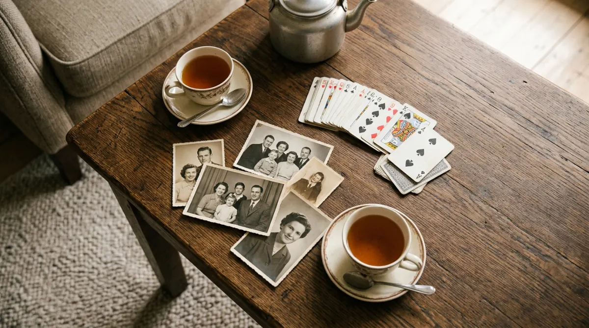 Vue de dessus d'une table avec du thé et des jeux de mémoire – Jeux de mémoire pour seniors : 7 activités gratuites à partager en famille