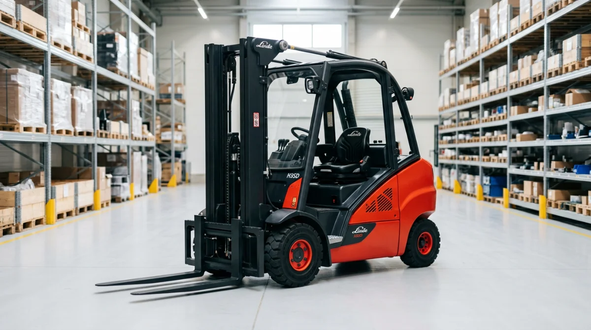 Chariot élévateur Linde entreposé dans un centre logistique – chariot elevateur linde occasion
