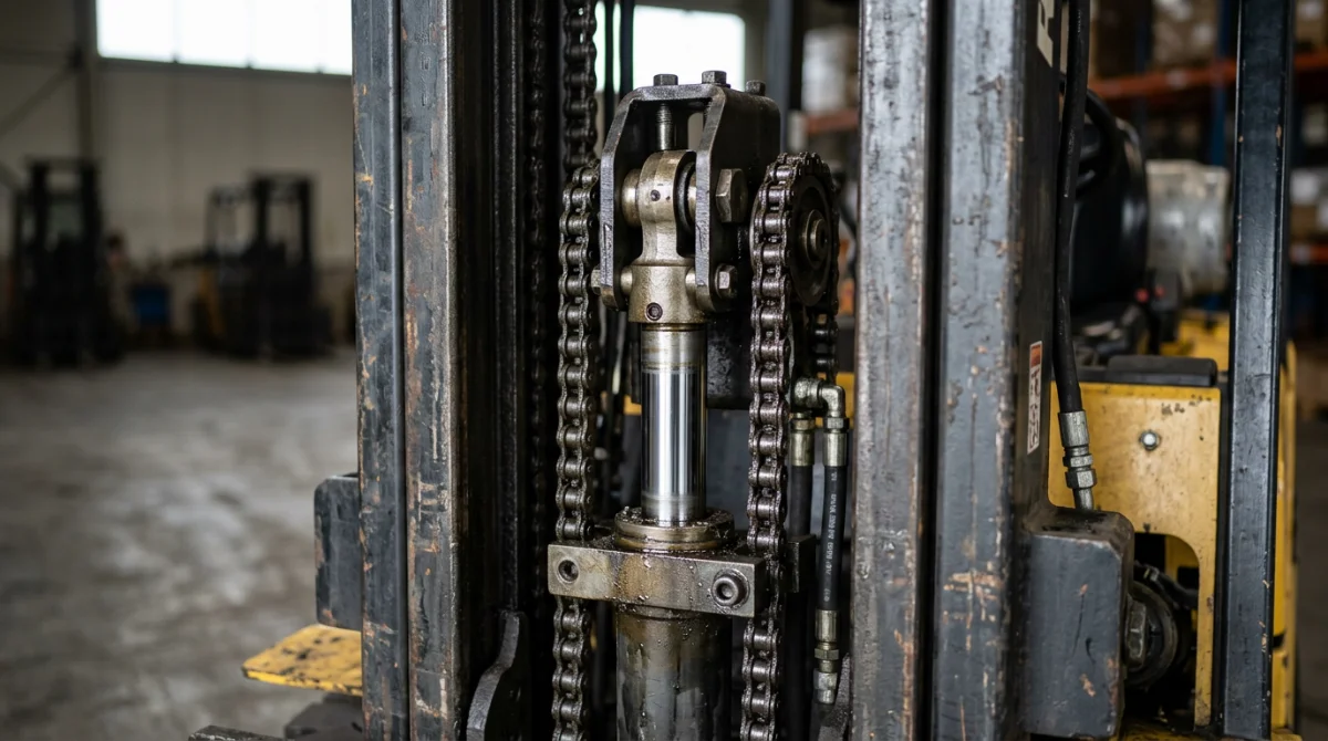 Détail technique d'un mât de levage en cours de révision – chariot elevateur linde occasion