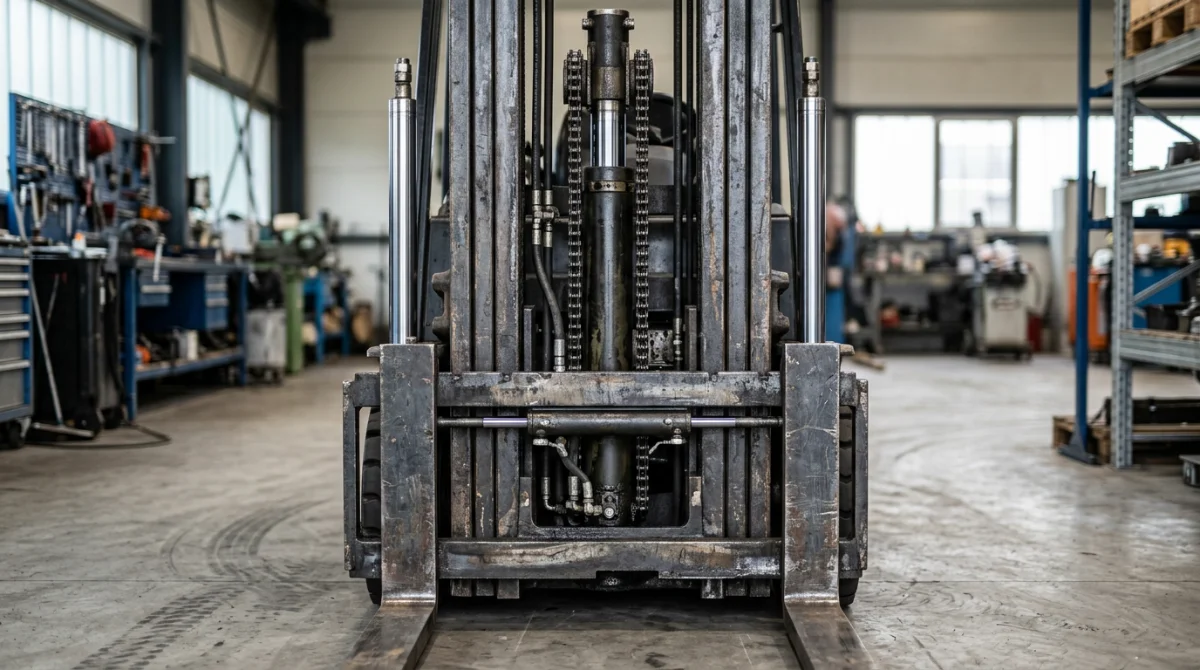 Détail du mât et des vérins hydrauliques d'un chariot élévateur – Chariot élévateur Manitou occasion