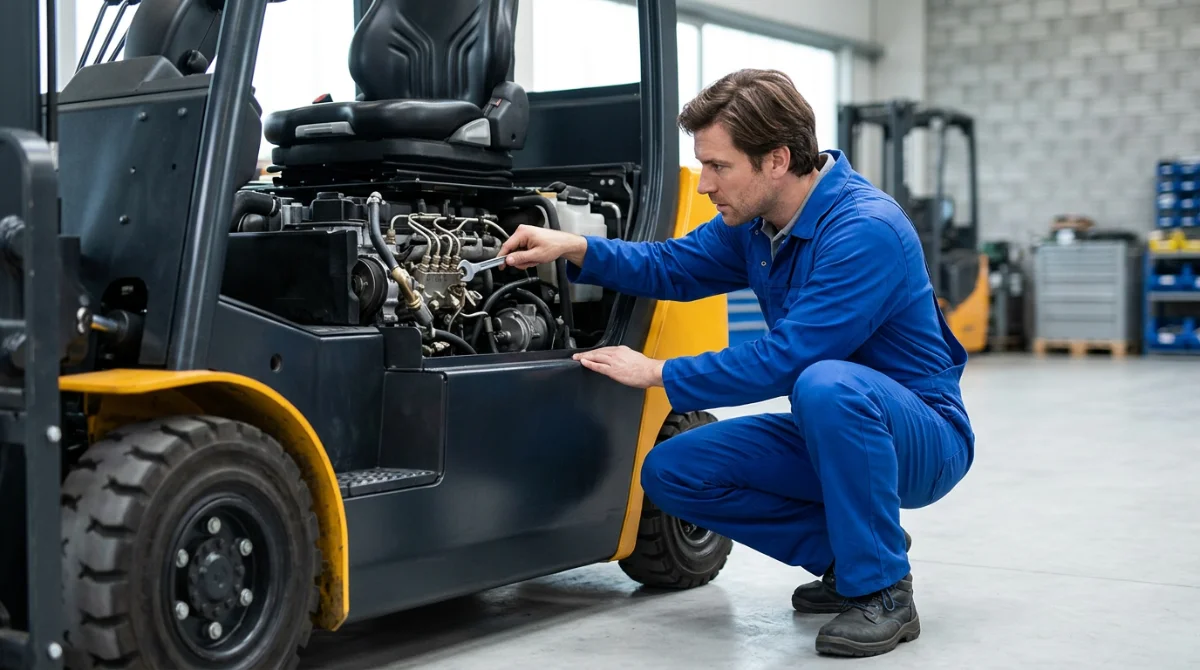 Technicien expert inspectant le moteur d'un chariot Manitou – Chariot élévateur Manitou occasion