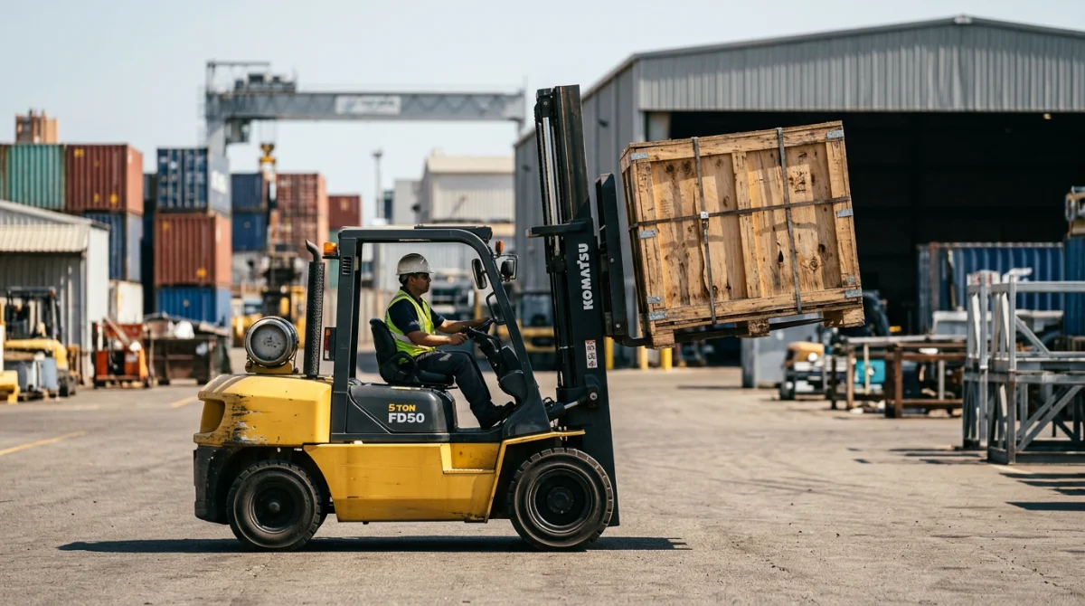Conducteur utilisant un chariot élévateur 5 tonnes d'occasion Komatsu jaune pour déplacer une caisse en bois sur un site industriel.