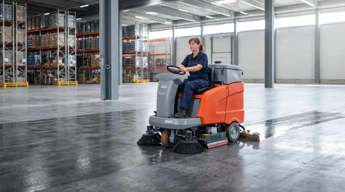 Autolaveuse autoportée Hako Scrubmaster en action dans un entrepôt – Autolaveuse Hako