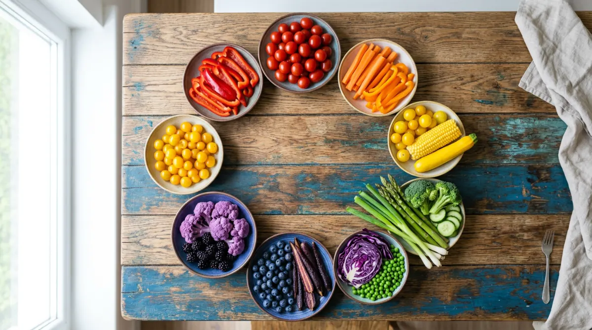 Menu Familial Équilibré : Des Repas Riches en Légumes Une table colorée avec des légumes disposés de façon ludique pour la famille – Menu repas familial avec des légumes