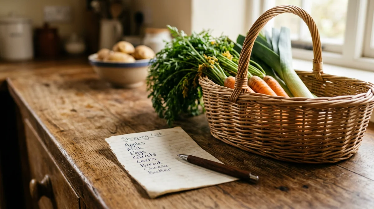 Menu Familial Équilibré : Des Repas Riches en Légumes Liste de courses à côté d'un panier de légumes frais de saison – Menu repas familial avec des légumes