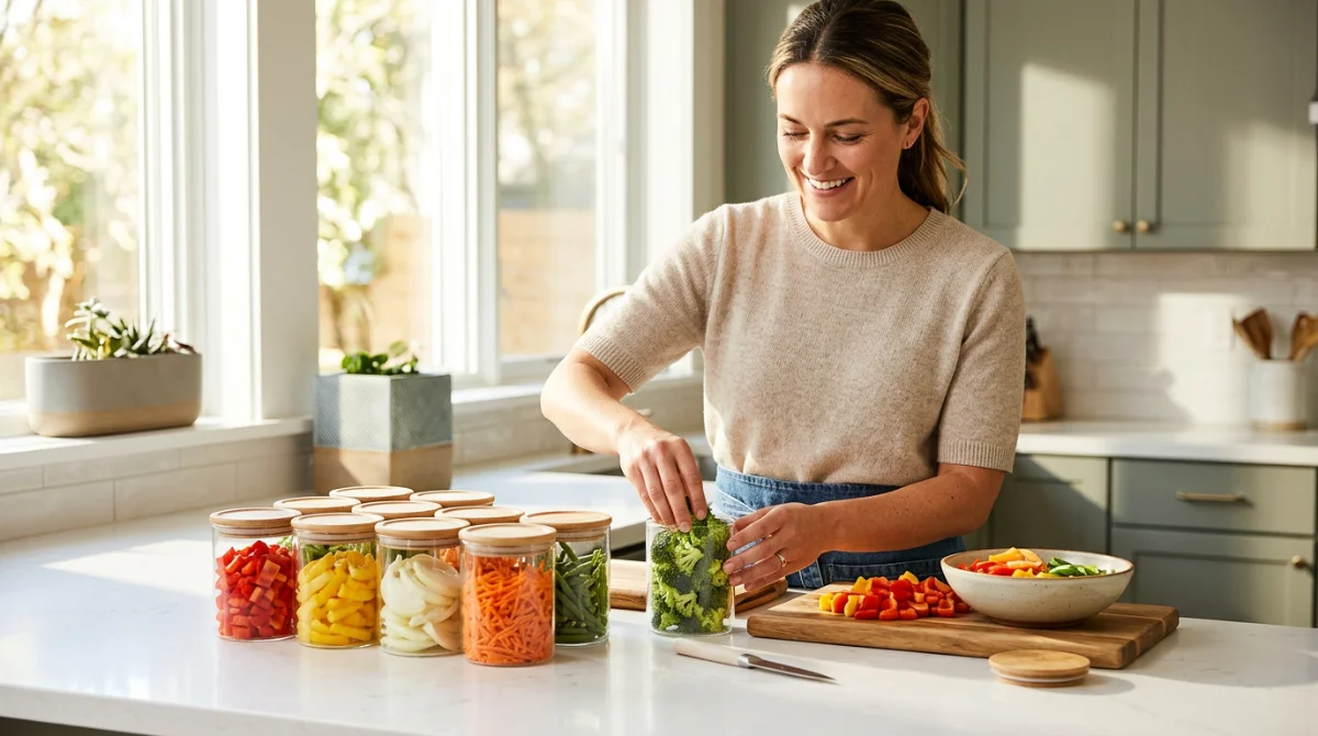 Menu Familial Équilibré : Des Repas Riches en Légumes Préparation de légumes en avance pour gagner du temps en semaine – Menu repas familial avec des légumes