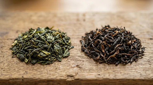 Thé noir ou thé vert : quelles différences ? Feuilles de thé vert et de thé noir séchées présentées côte à côte