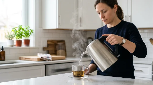 Thé noir ou thé vert : quelles différences ? Eau chaude versée sur des feuilles de thé pour l’infusion