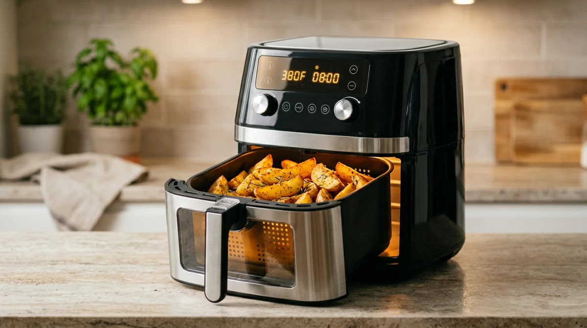 Air Fryer 2026 : Le guide complet pour choisir sa friteuse sans huile Air fryer moderne avec des pommes de terre dorées dans le bac