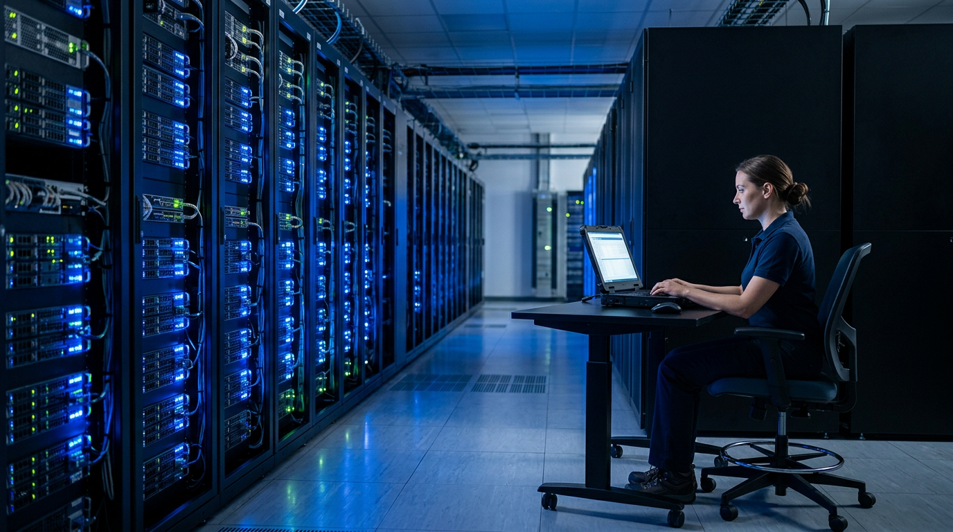 Une infrastructure serveur moderne symbolisant l'autonomie des systèmes IA – sites IA-first sans rédacteur humain