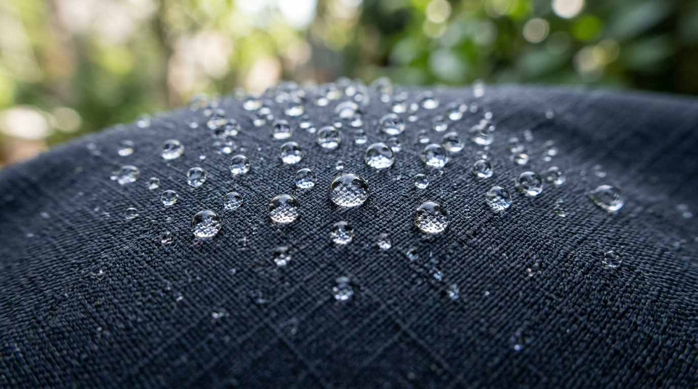 Gouttes de pluie perlant sur un tissu technique traité DWR – traitement DWR C6