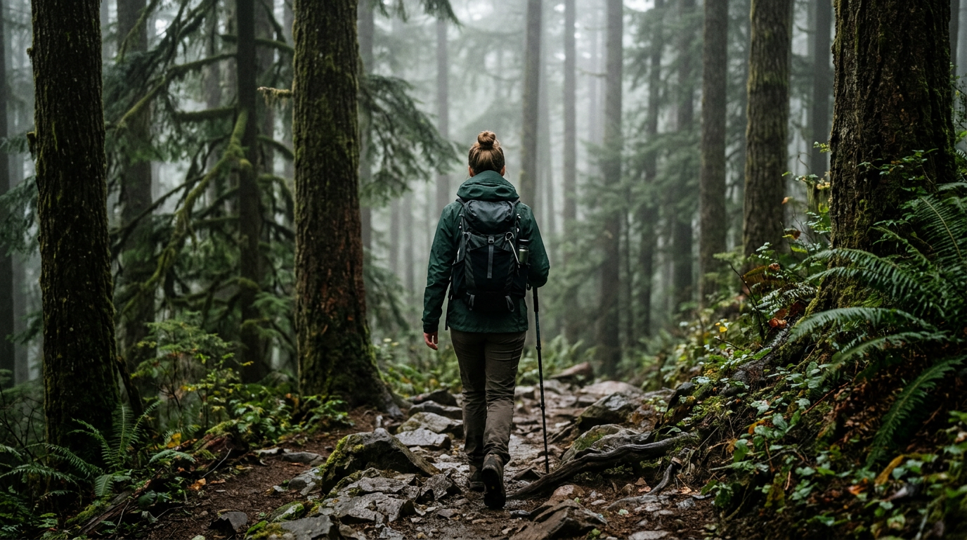 Voyageur randonnant sous une pluie fine avec une veste déperlante – traitement DWR C6