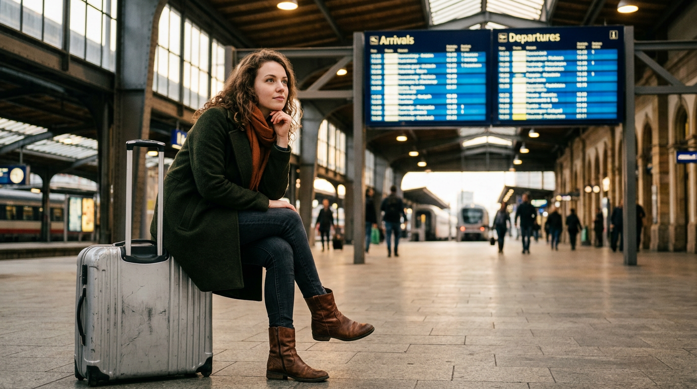 Un voyageur en pleine réflexion dans une gare – travel shaming