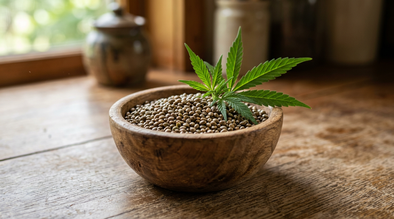 Composition chimique du chanvre : cannabinoïdes, oméga et protéines expliqués Graines de chanvre bio dans un bol en bois pour la cuisine