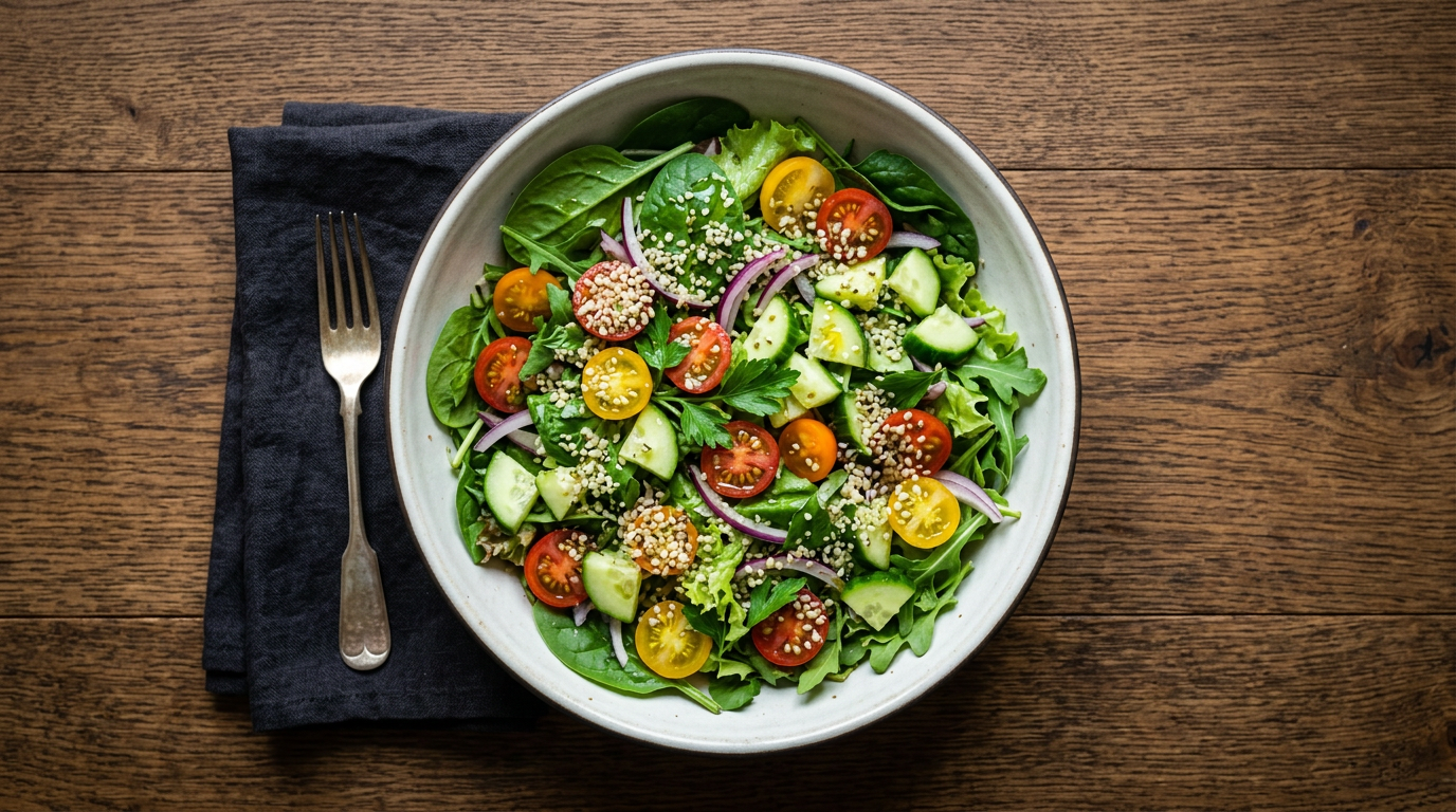 Composition chimique du chanvre : cannabinoïdes, oméga et protéines expliqués Salade croquante parsemée de graines de chanvre et d'huile vierge