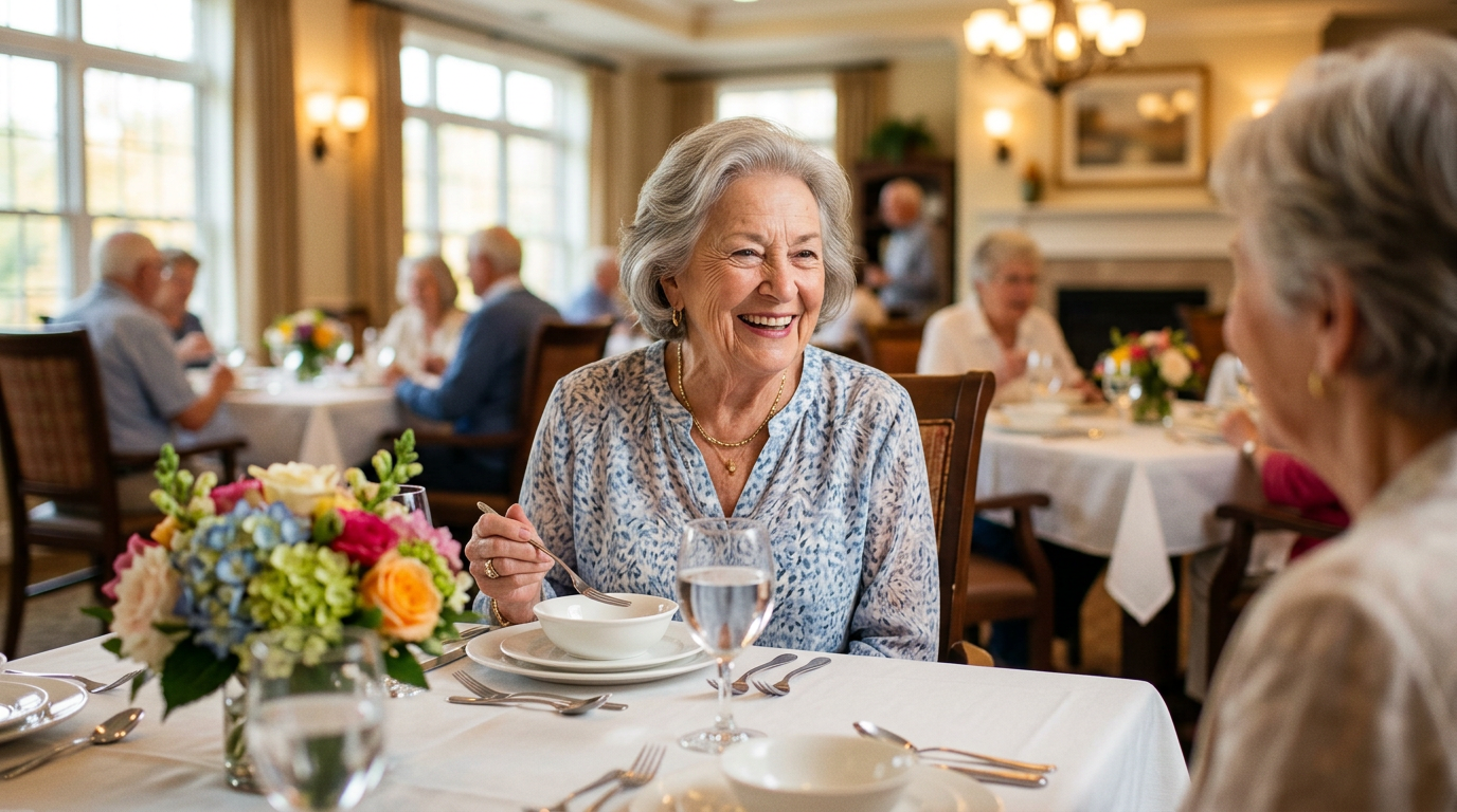 Salle de restauration conviviale dans une résidence pour seniors.