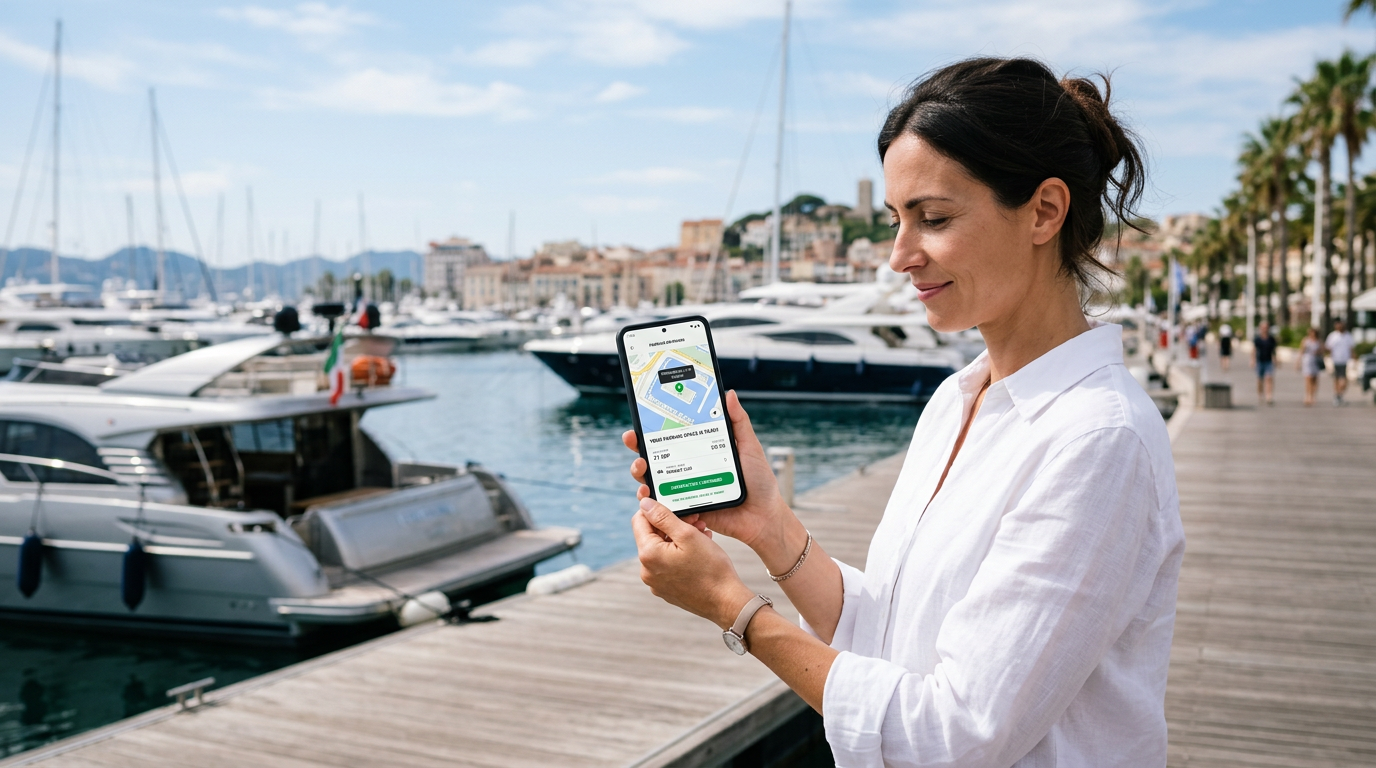 Réservation d'une place de parking sur mobile avec vue sur le port de Cannes