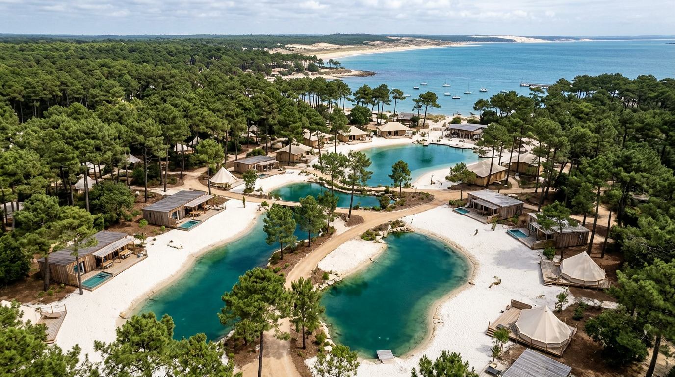 Vue aérienne d'un camping 5 étoiles avec lagon et cottages en bois