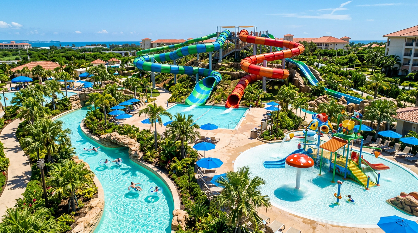 Parc aquatique géant avec toboggans et rivière tropicale