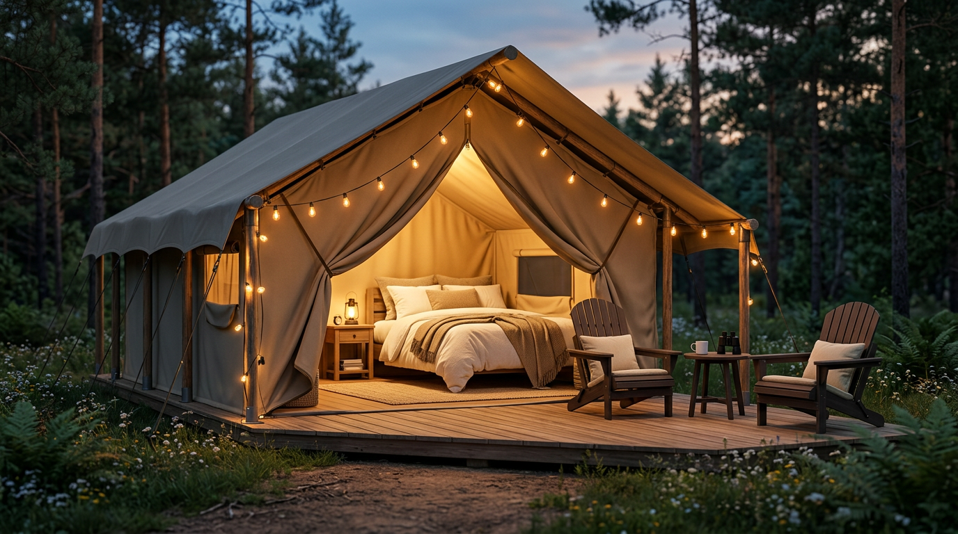 Tente lodge de luxe avec terrasse en bois dans une forêt