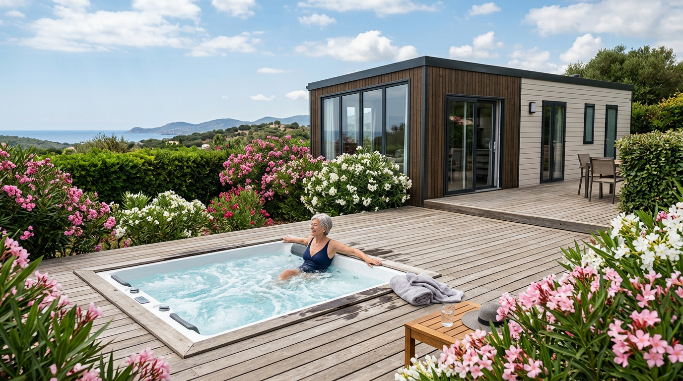 Mobil-home haut de gamme avec jacuzzi privé sur la terrasse